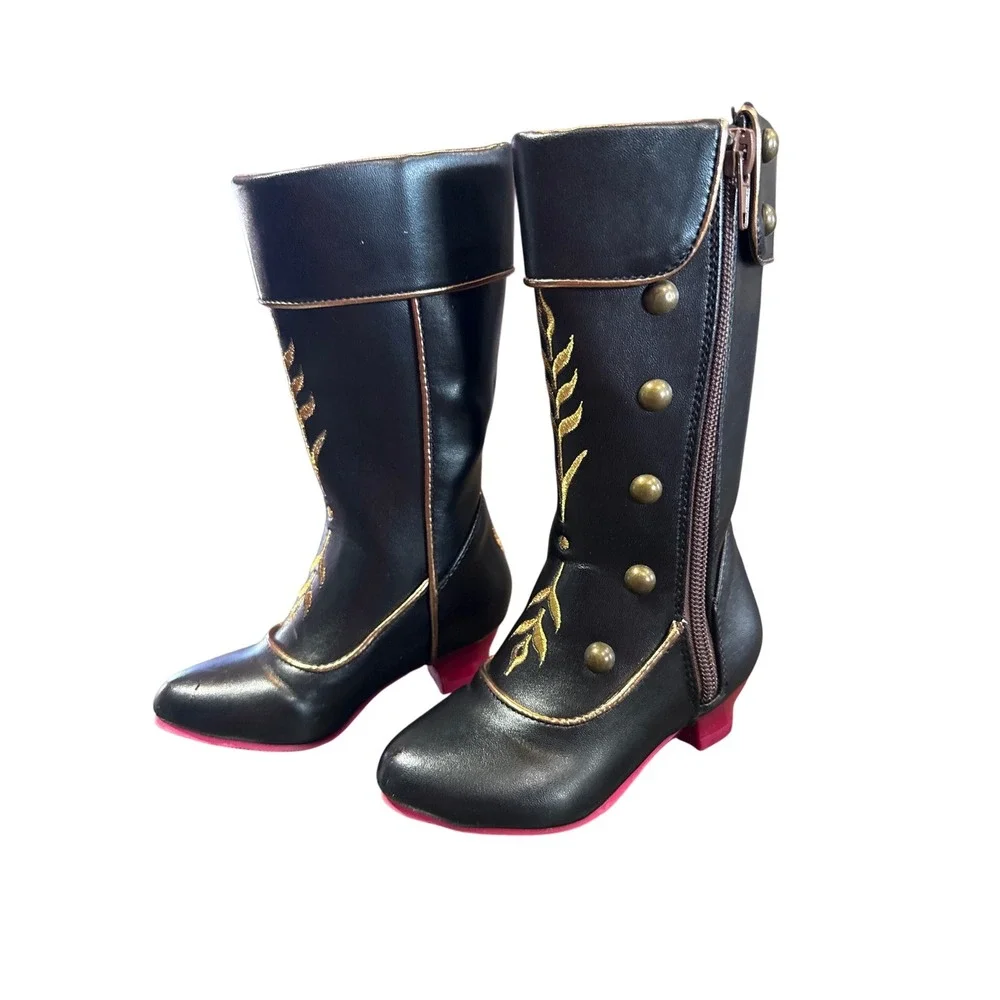 Disney Anna Frozen 2 Black Gold Embroidery Studs Boots Kids 7-8 Great Condition